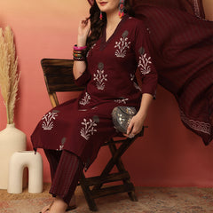 Women Maroon Cotton Printed V-neck Kurta with trouser & Dupatta