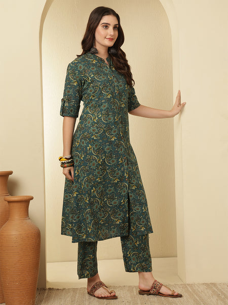 Women Green Cotton Flora Printed A-line Kurta with Trouser
