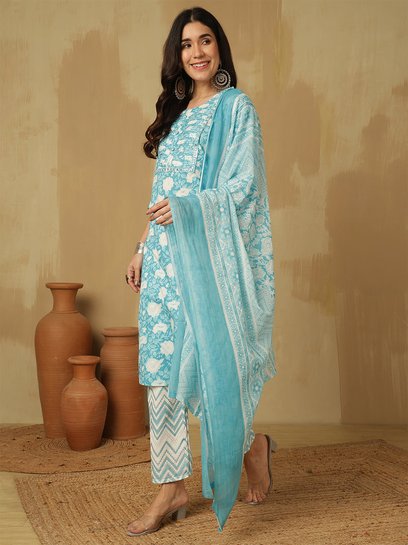 Women Sky blue Cotton Floral Printed Kurta With Trouser & Dupatta