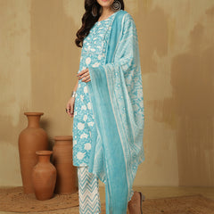 Women Sky blue Cotton Floral Printed Kurta With Trouser & Dupatta