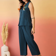 Women Cotton Navy Blue Embroidery Top With Trouser Co-ord Set