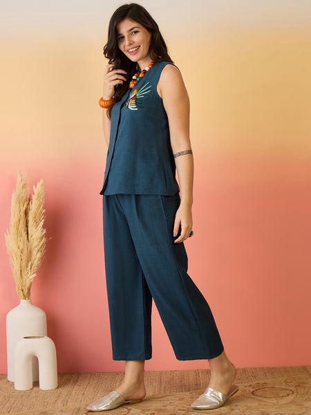 Women Cotton Navy Blue Embroidery Top With Trouser Co-ord Set