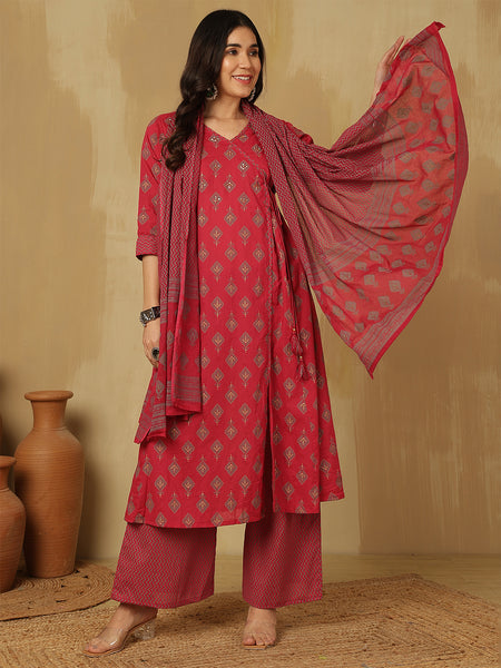 Women Red Block Printed A-line Kurta with Trouser & Dupatta