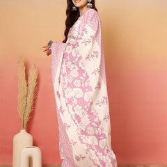 ANAISA Women Cotton Light Pink Floral Printed V-neck,Calf Length  Anarkali Kurta with Pant & Dupatta