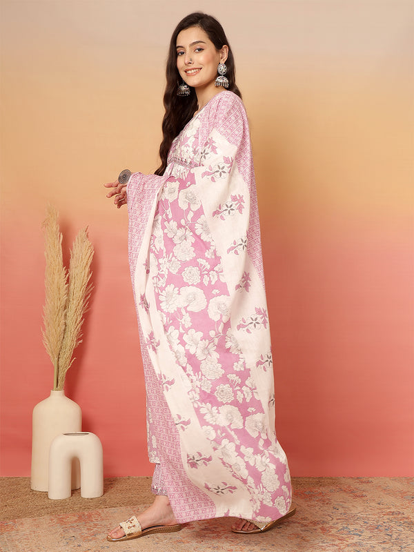 ANAISA Women Cotton Light Pink Floral Printed V-neck,Calf Length  Anarkali Kurta with Pant & Dupatta