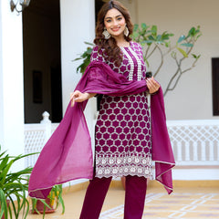 ANAISA Women cotton Schiffli embroidered Kurta with Trouser & Dupatta