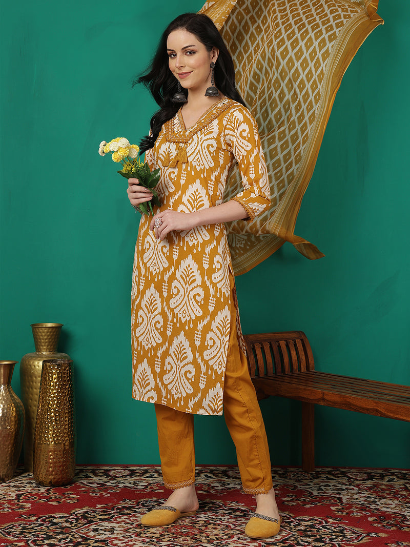 Sangira Women Cotton Printed V-neck, Straight Kurta with Trouser & Dupatta