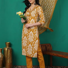 Sangira Women Cotton Printed V-neck, Straight Kurta with Trouser & Dupatta