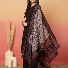 ANAISA Women Black Solid V-neck, Sleeveless, Calf Length Straight Fit Kurta with Palazzo & Dupatta