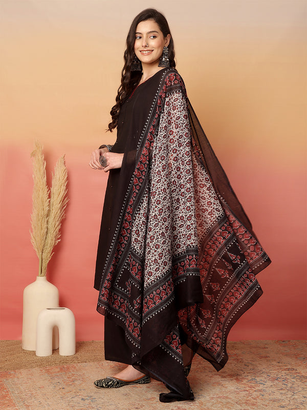 ANAISA Women Black Solid V-neck, Sleeveless, Calf Length Straight Fit Kurta with Palazzo & Dupatta