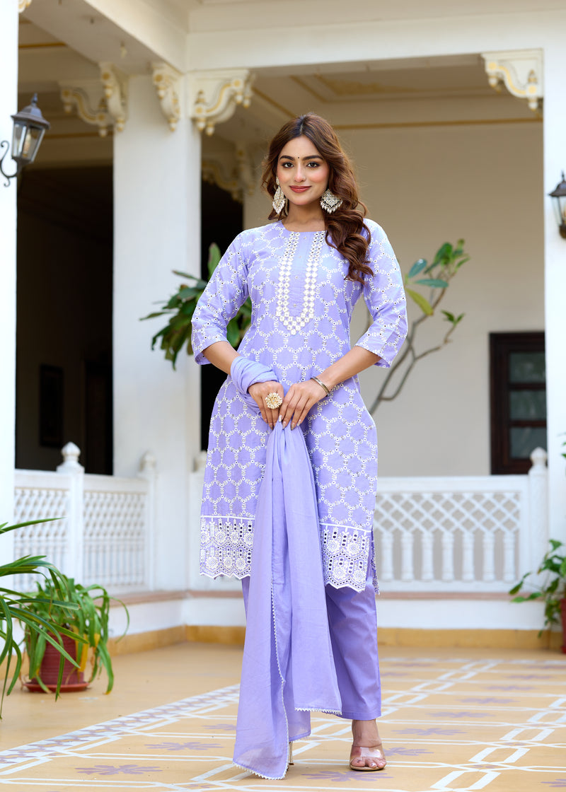 ANAISA Women cotton Schiffli embroidered Kurta with Trouser & Dupatta