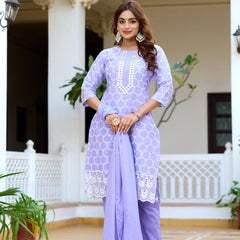 ANAISA Women cotton Schiffli embroidered Kurta with Trouser & Dupatta