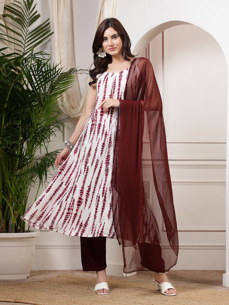 Women Wine Tie_Die Printed A_Line Kurta With Solid Bottom And Dupatta