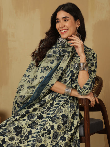 Women Blue Printed Anarkali Kurta With Pant & Dupatta