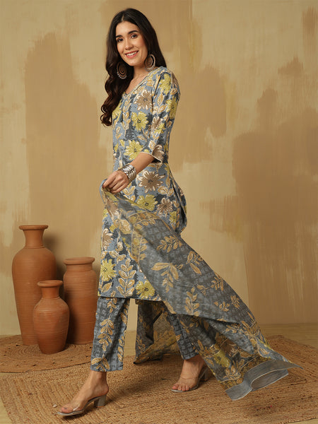 Women Viscose Rayon Blue Floral Printed Kurta with Trouser & Dupatta