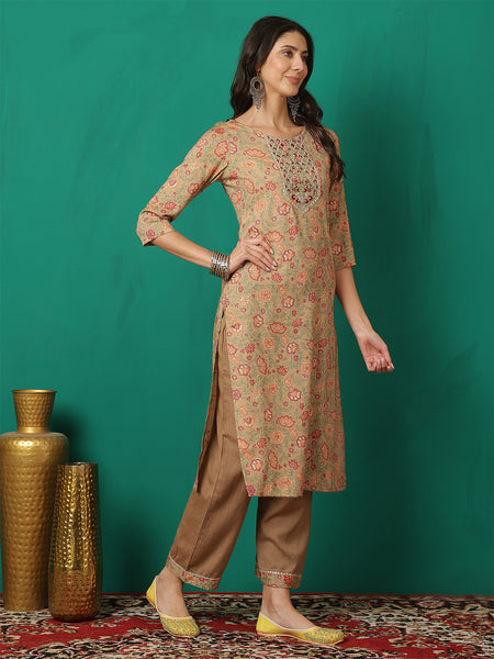 Women Brown Viscose Rayon Printed Straight Kurta with Trouser