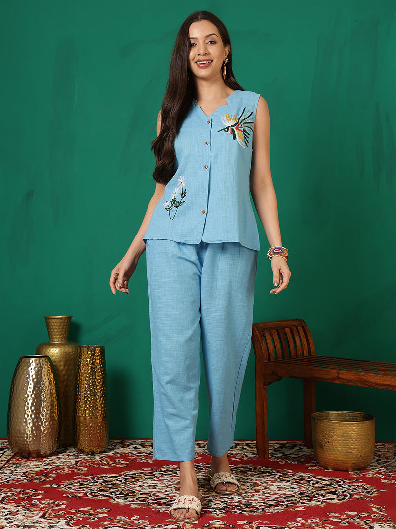 Women Cotton Aqua Blue Embroidery Top with Trouser Co-ord Set