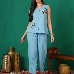 Women Cotton Aqua Blue Embroidery Top with Trouser Co-ord Set