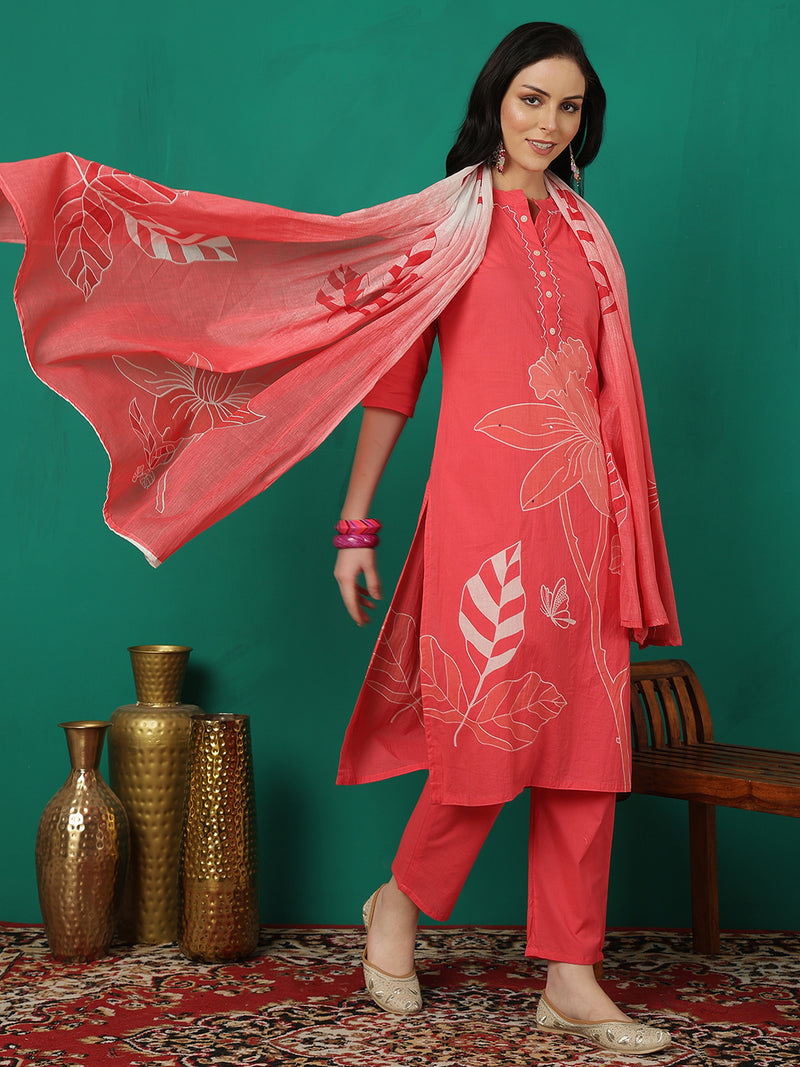 ANAISA Women Cotton Placement Print Straight Kurta with Trouser & Dupatta