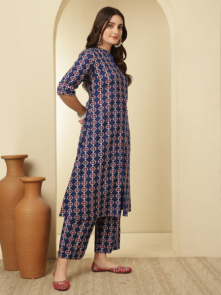 Blue Cotton Checks Printed A-line Kurta with Trouser