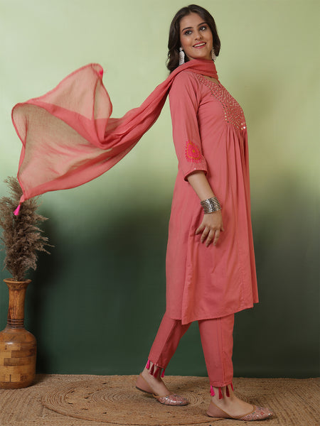 Women Peach Cotton Solid Mirror Work Kurta with Trouser & Dupatta