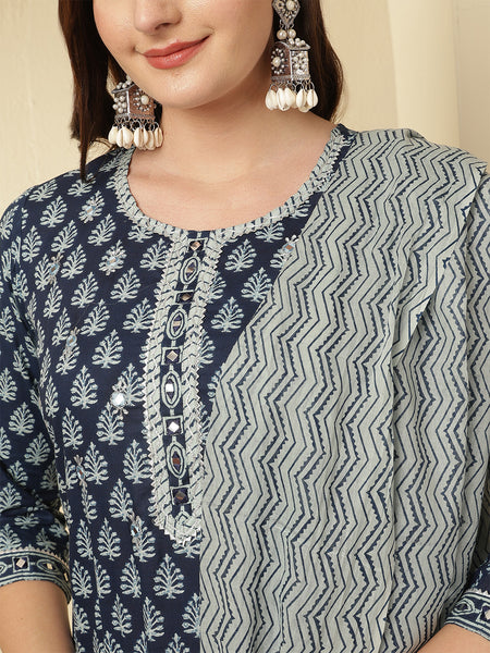 Women Cotton Printed Blue Straight Kurta with Trouser & Dupatta