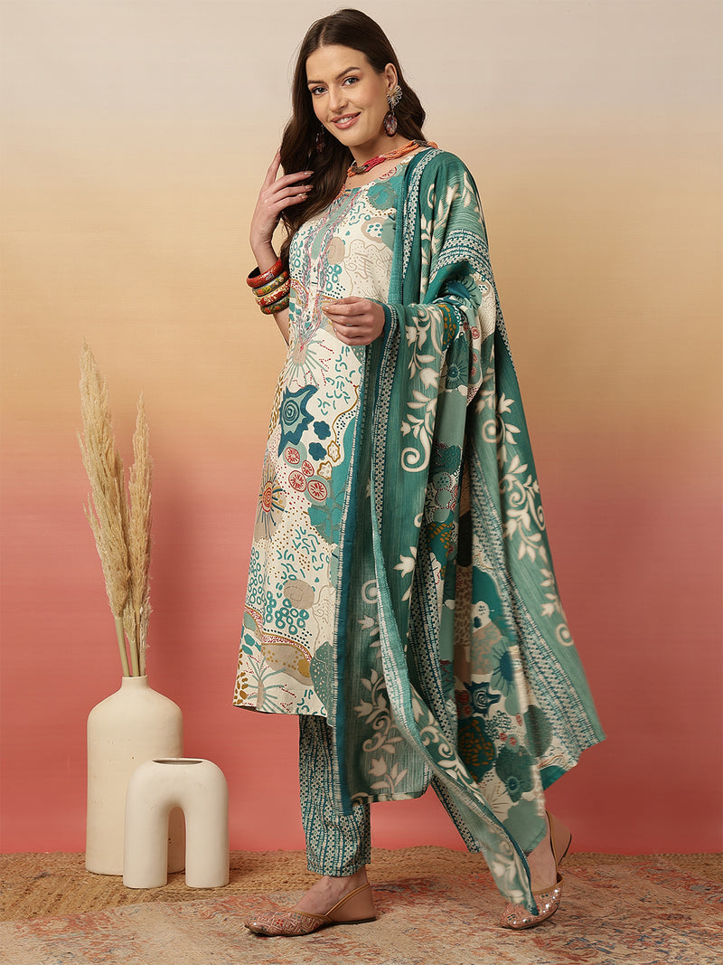 Women Blue Digital Printed Kurta With Trouser & Dupatta