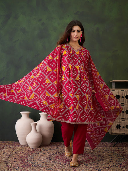 Women Pink Bandhani Printed Kurta With Trouser & Dupatta