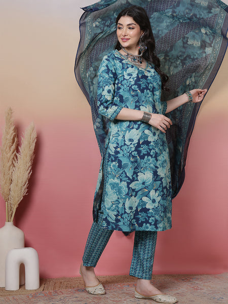 Women Blue Cotton Printed Hand Work Yoke Kurta with Trouser & Dupatta