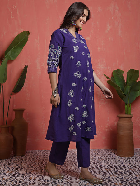 Women Cotton Flex Purple Figure Embroidery A-line Kurta with Trouser