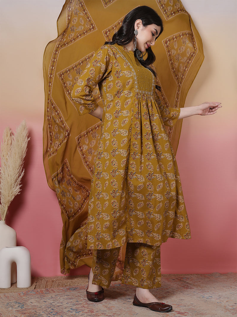 Women Green Floral Printed Hand Work Anarkali Kurta with Trouser & Dupatta