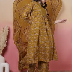 Women Green Floral Printed Hand Work Anarkali Kurta with Trouser & Dupatta