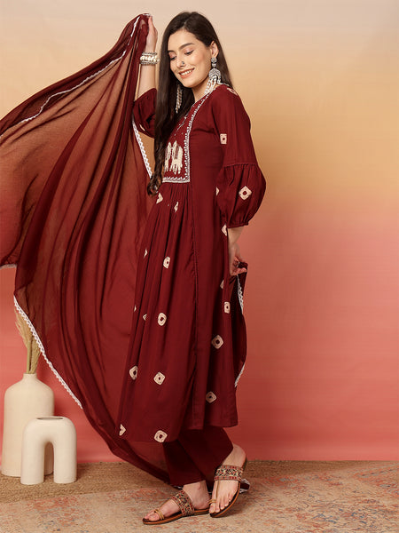Women Pure Cotton Maroon Abstract Printed A-line Kurta with Palazzo Set