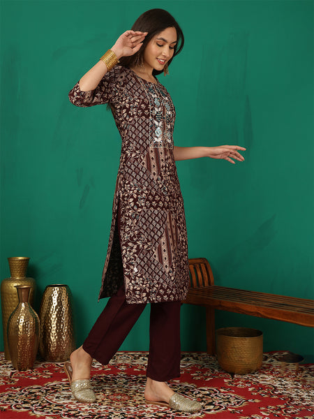 Women Brown Yoke Embroidery Kurta with Trouser & Dupatta