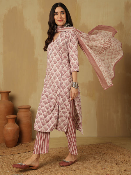 Women Pink Block Printed Kurta With Trouser & Dupatta