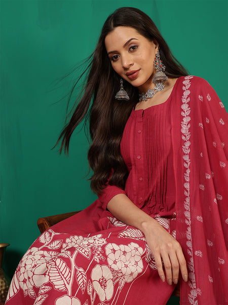 Women Rani Pink Cotton Discharge Printed A-line Kurta With Dupatta