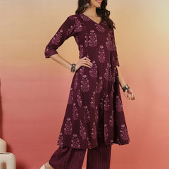 Women Purple Block Printed Front Slit Kurta With Palazzo Pant & Dupatta