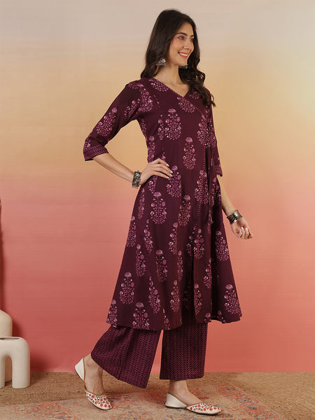 Women Purple Block Printed Front Slit Kurta With Palazzo Pant & Dupatta