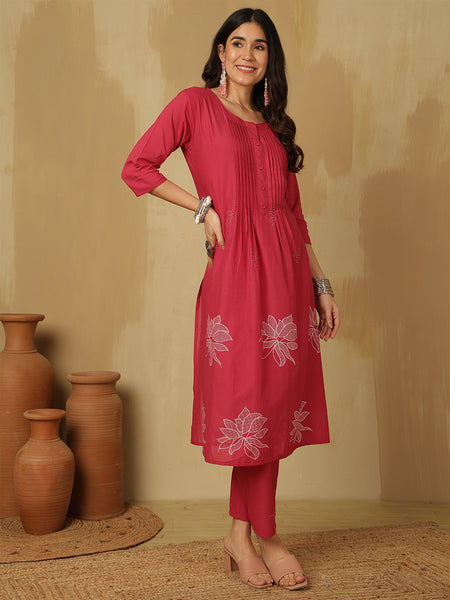 Women Rani Cotton Discharge Printed A-line Kurta With Trouser & Dupatta