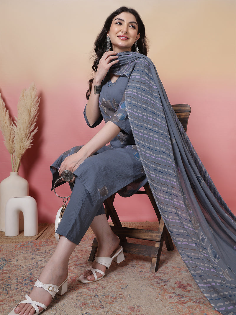 Women Coral Cotton Placement Printed Hand Work Kurta with Trouser & Dupatta