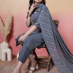 Women Coral Cotton Placement Printed Hand Work Kurta with Trouser & Dupatta