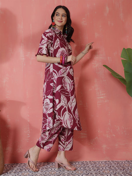 Women Purple Cotton Printed Kurta with Trouser Set