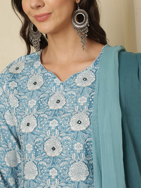 Women Blue Viscose Rayon Printed Round Neck Kurta with Trouser & Dupatta