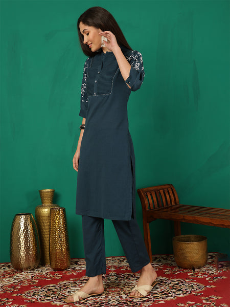 Women Navy Blue Solid Embroidery Cotton Flex Kurta with Trouser