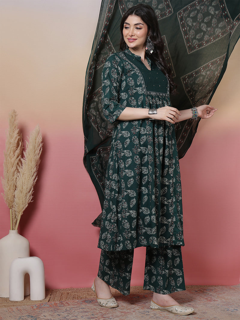 Women Green Floral Printed Hand Work Anarkali Kurta with Trouser & Dupatta