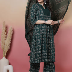 Women Green Floral Printed Hand Work Anarkali Kurta with Trouser & Dupatta