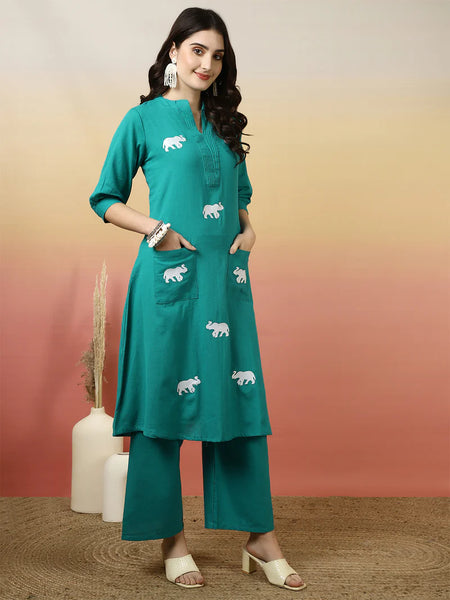 Women Solid Cotton Flex A-line Pocket Kurta with Palazzo Set