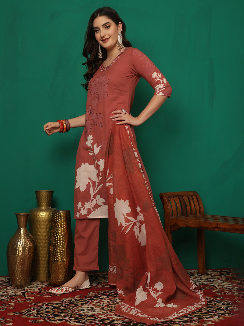 Women Cotton Printed Patch Work Kurta with Trouser & Dupatta