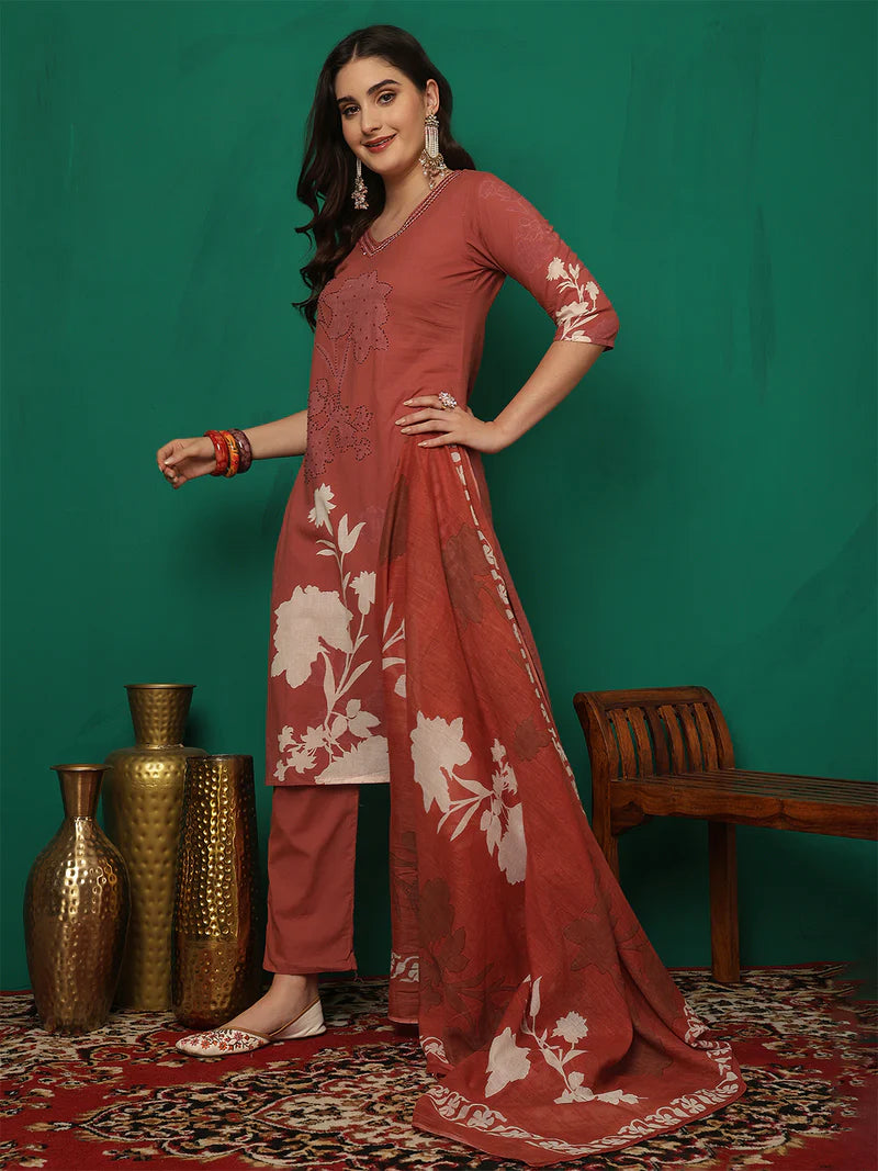 Women Cotton Printed Patch Work Kurta with Trouser & Dupatta