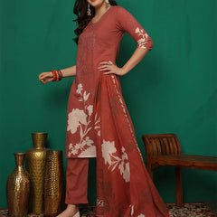 Women Cotton Printed Patch Work Kurta with Trouser & Dupatta